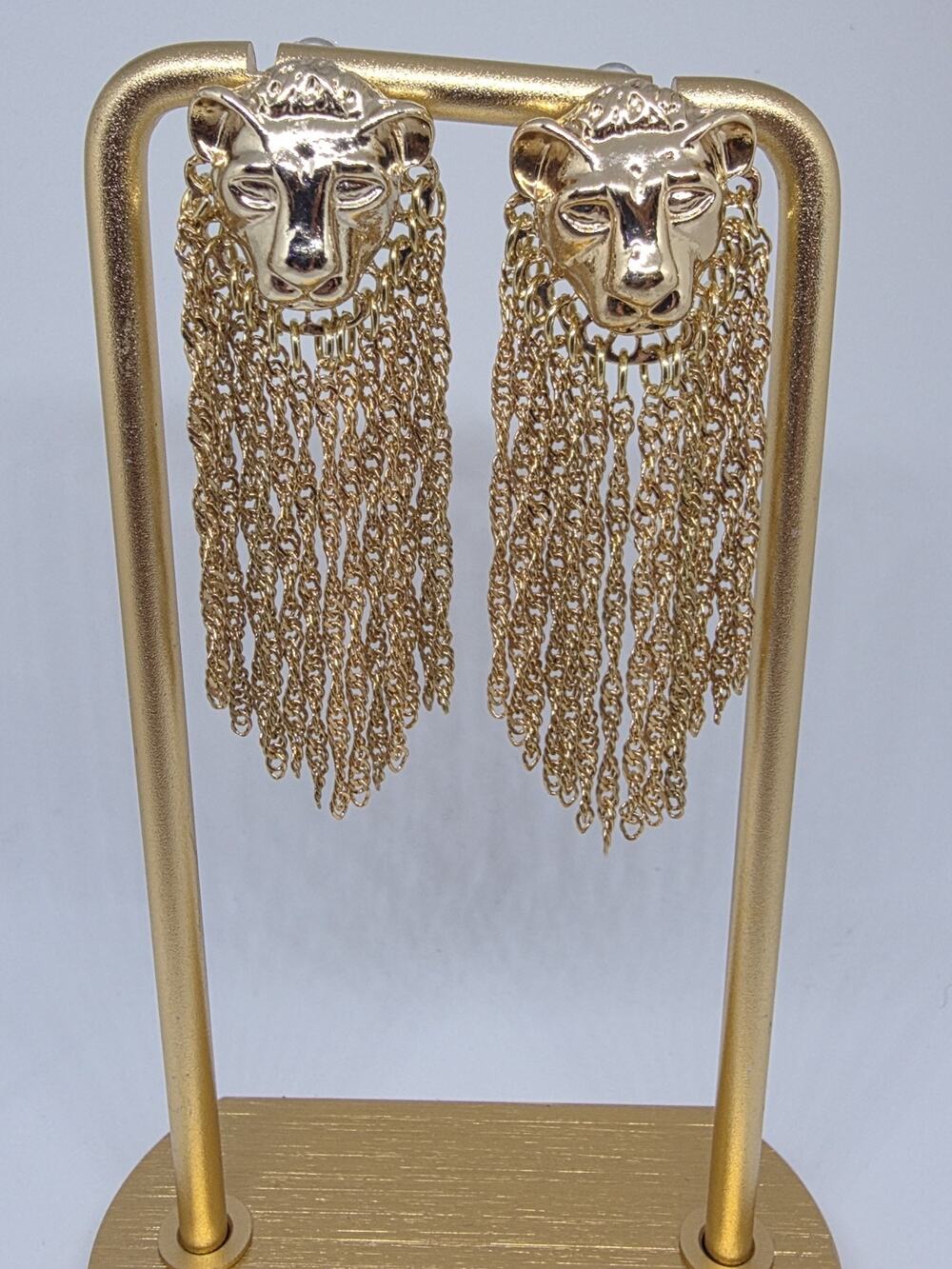 Lion with Dangling Mane Earrings In Goldtone Pierced Ears